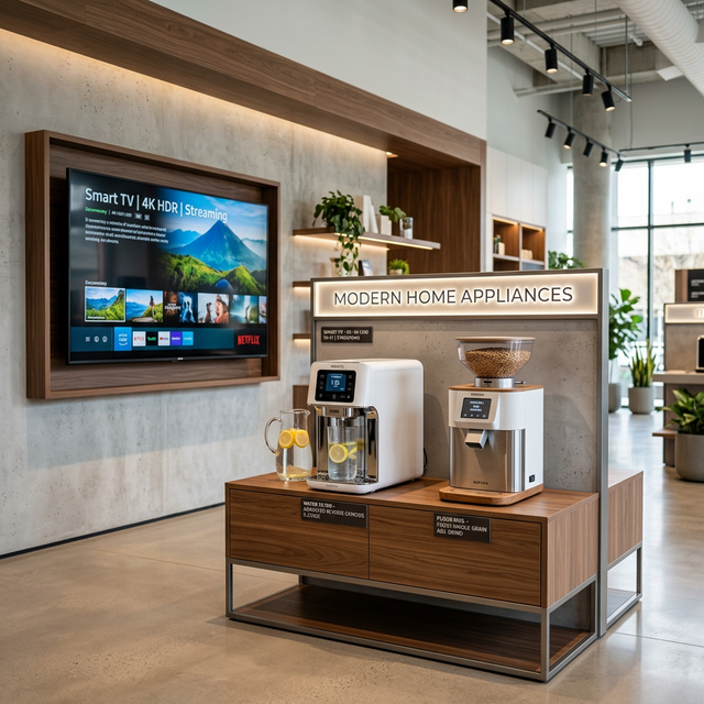 Retail showroom with Smart TVs, Water Filters, & Flour Mills